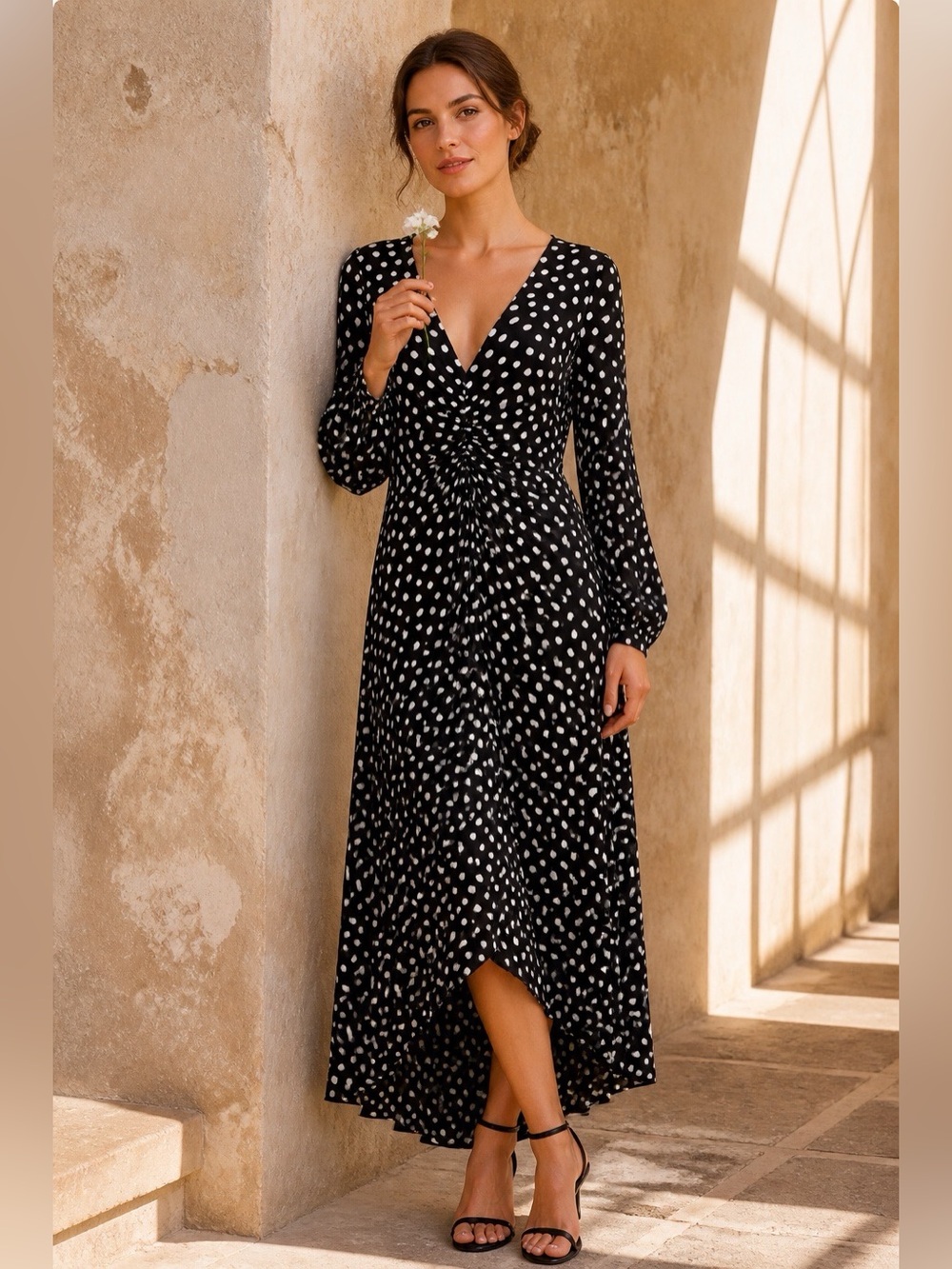 Venus Black White Polka Dot Ruched Maxi Dress Size Medium